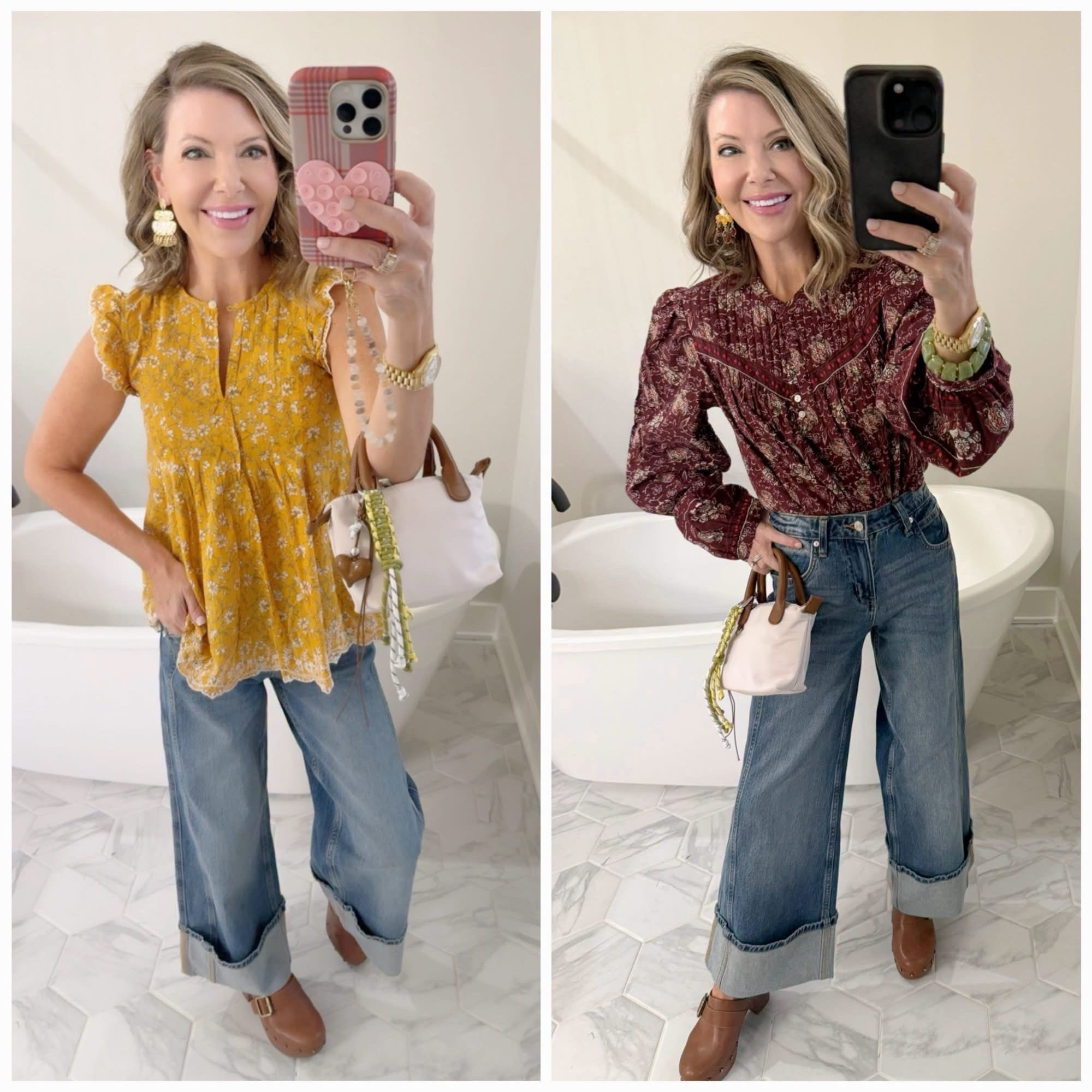 Good Morning! Happy Amazon prime day ….although I’m showing you these outfits from Walmart first ￼🍁 Took a risk on these jeans. They are definitely different, but fun. What do you think? ￼My pretty fall tops are so affordable and cute! 🙌

Dropping 🔗👇 to shop