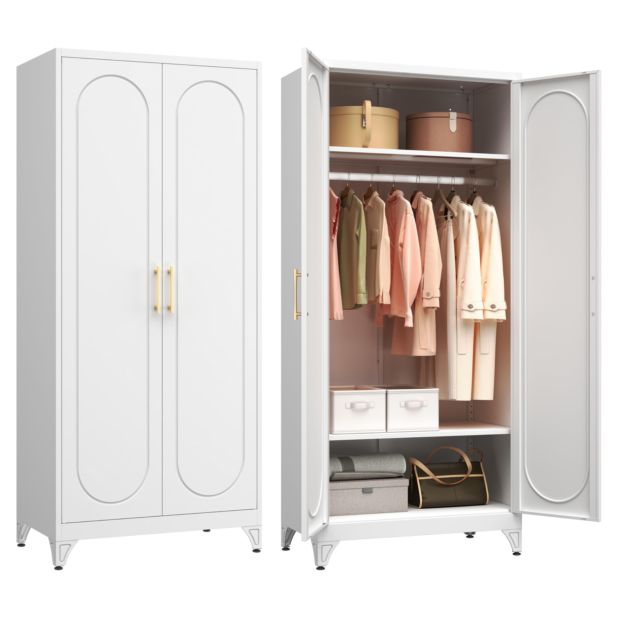 Polup Metal Wardrobe Cabinet for Hanging Clothes, 71" Tall Armoire Wardrobe Closet with Hanging Rod, White Clothing Storage Cabinet with Doors and Shelves, Large Closet for Bedroom-Assemble Required | Amazon (US)
