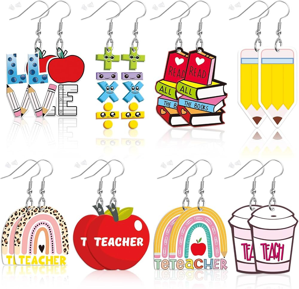 AUGSUN 8 Pairs Teacher Earrings for Women Teacher’s Day Acrylic Earrings Double Side Design Rai... | Amazon (US)