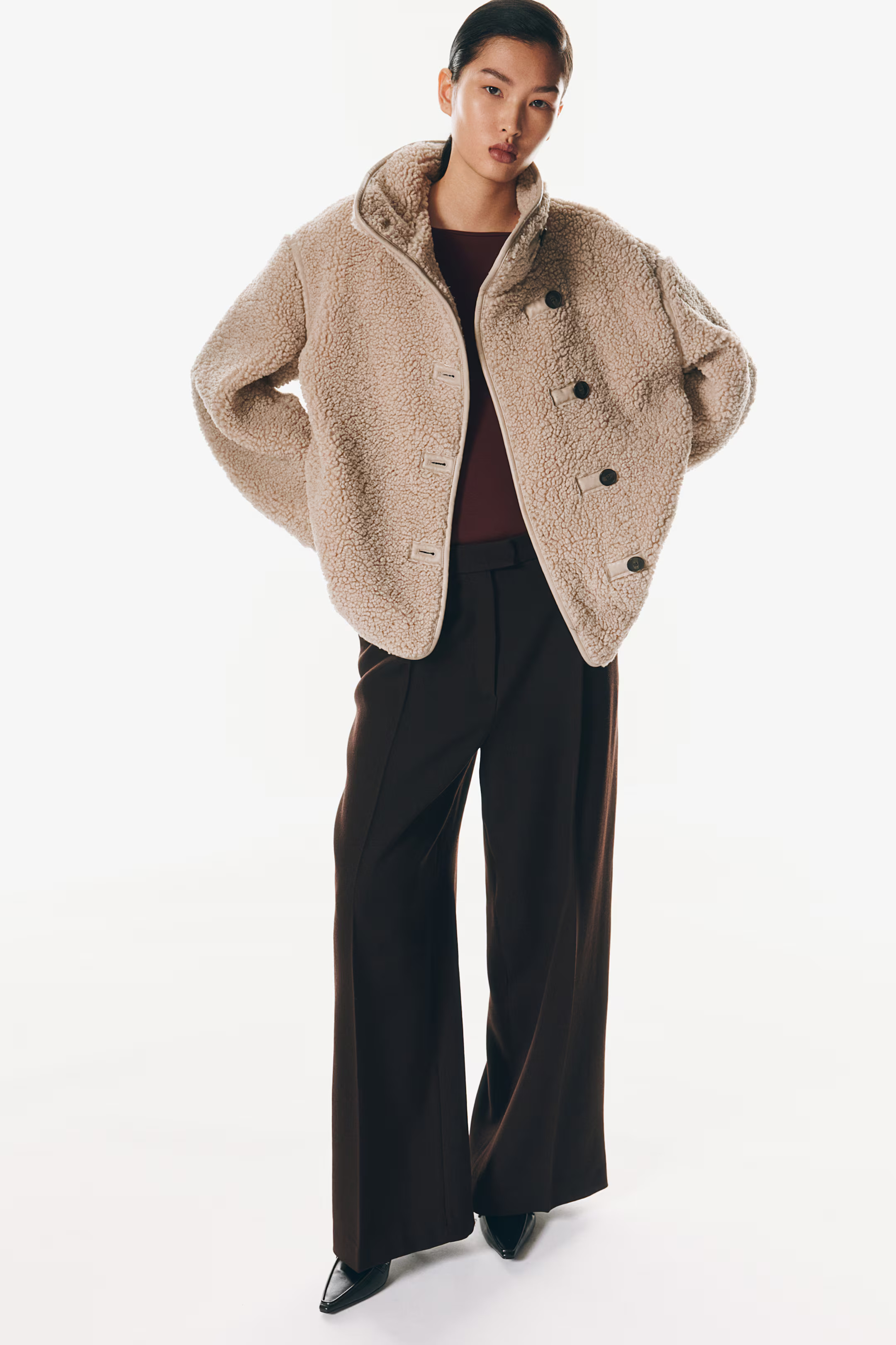 Loose-fit teddy jacket - Long sleeve - Regular length - Beige - Ladies | H&M GB | H&M (UK, MY, IN, SG, PH, TW, HK)