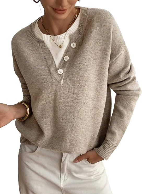 Womens Sweaters Casual Henley Neck Long Sleeve Pullover Tops 2026 | 2 in 1 Fake Layer Crew Neck, ... | Amazon (US)