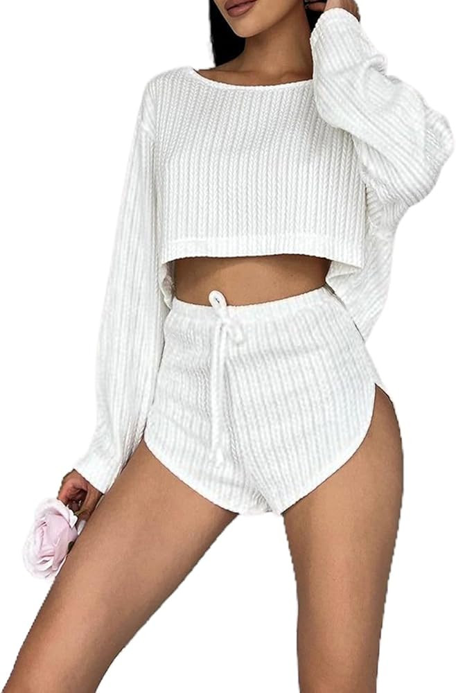 Women'S Pajamas Set, Round Neck Long Sleeve Tops With Splits Shorts Sleepwear, Knit Sexy Nightwea... | Amazon (US)