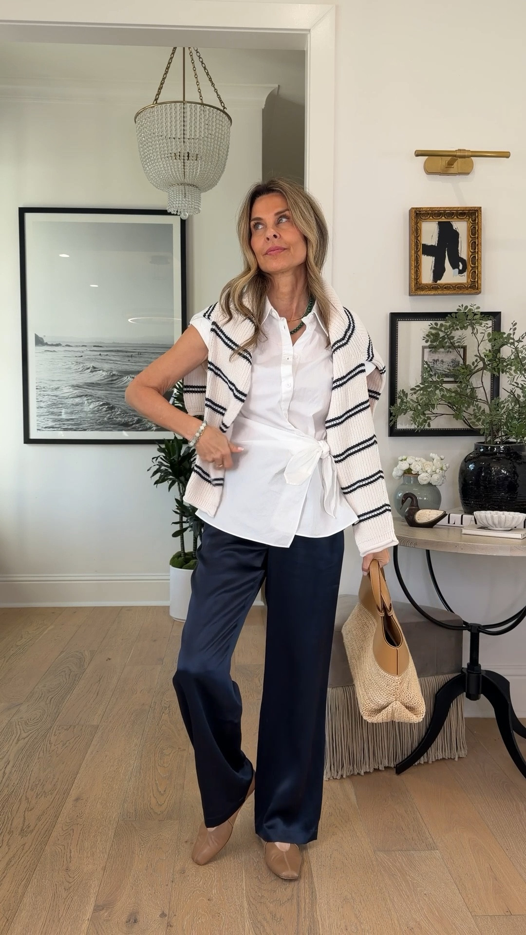 I’m 5’6’’.
-Quince silk pants in navy TTS
-Aritzia side tie, cotton top. size S
-Sequin Jewerly discount code Tammy20
-Target striped sweater sz Large 
-Shoes TTS so comfy! 
-Bag on ShopMy https://go.shopmy.us/p-41645067

#LTKootd #LTKOver40 #LTKSeasonal