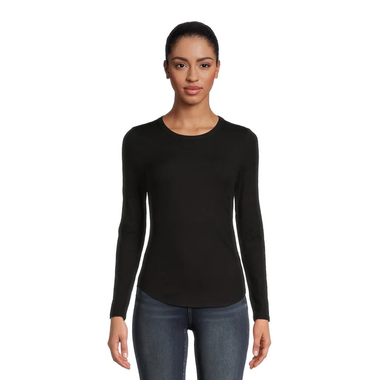 No Boundaries Women's Juniors Ribbed Crewneck Tee with Long Sleeves, Sizes XS-XXXL | Walmart (US)