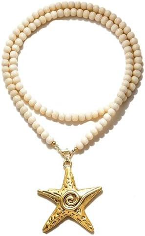 Boho Beaded Necklace for Women Vintage Long Wooden Beaded Gold/Silver Big Starfish Pendant Neckla... | Amazon (US)
