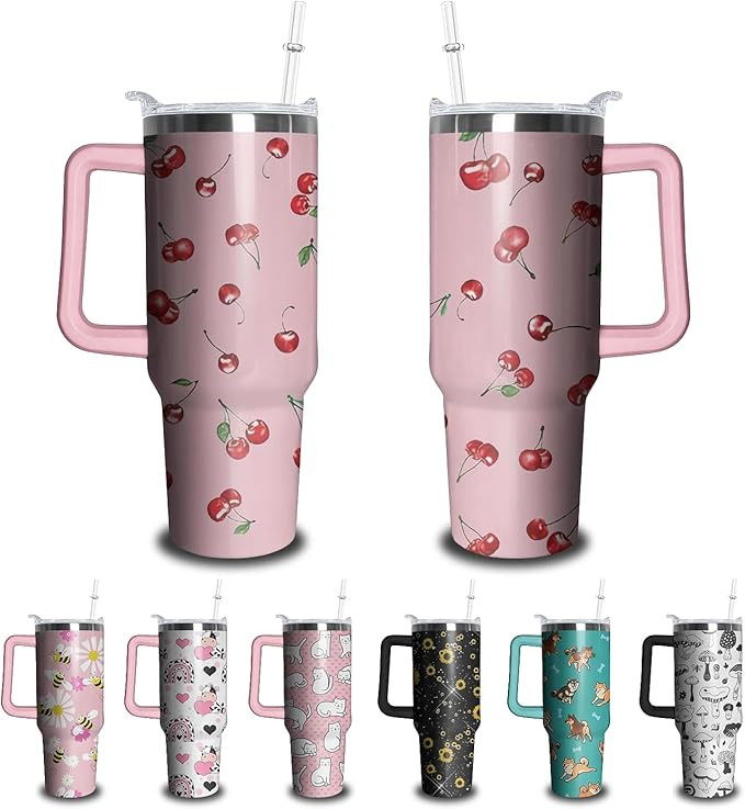 40oz Cherry Tumbler with Handle and Straw, Stainless Steel Insulated Cup with Lid and Straw, Trav... | Amazon (US)