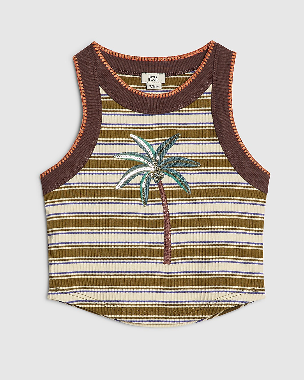 Girls Brown Stripe Sequin Palm Tree Tank Top | River Island UK & IE