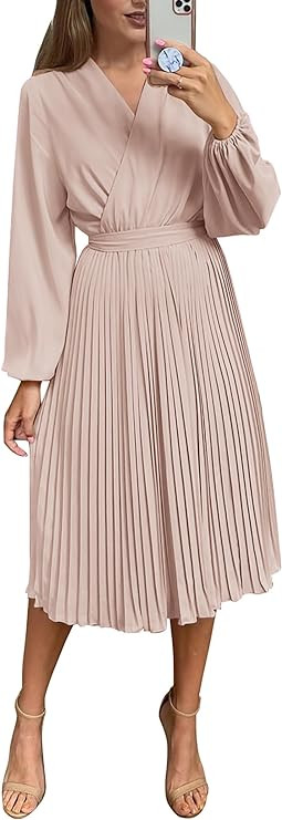 PRETTYGARDEN Women's Spring Midi Dress Long Puff Sleeve Wrap V Neck Flowy Ruffle Pleated Casual F... | Amazon (US)