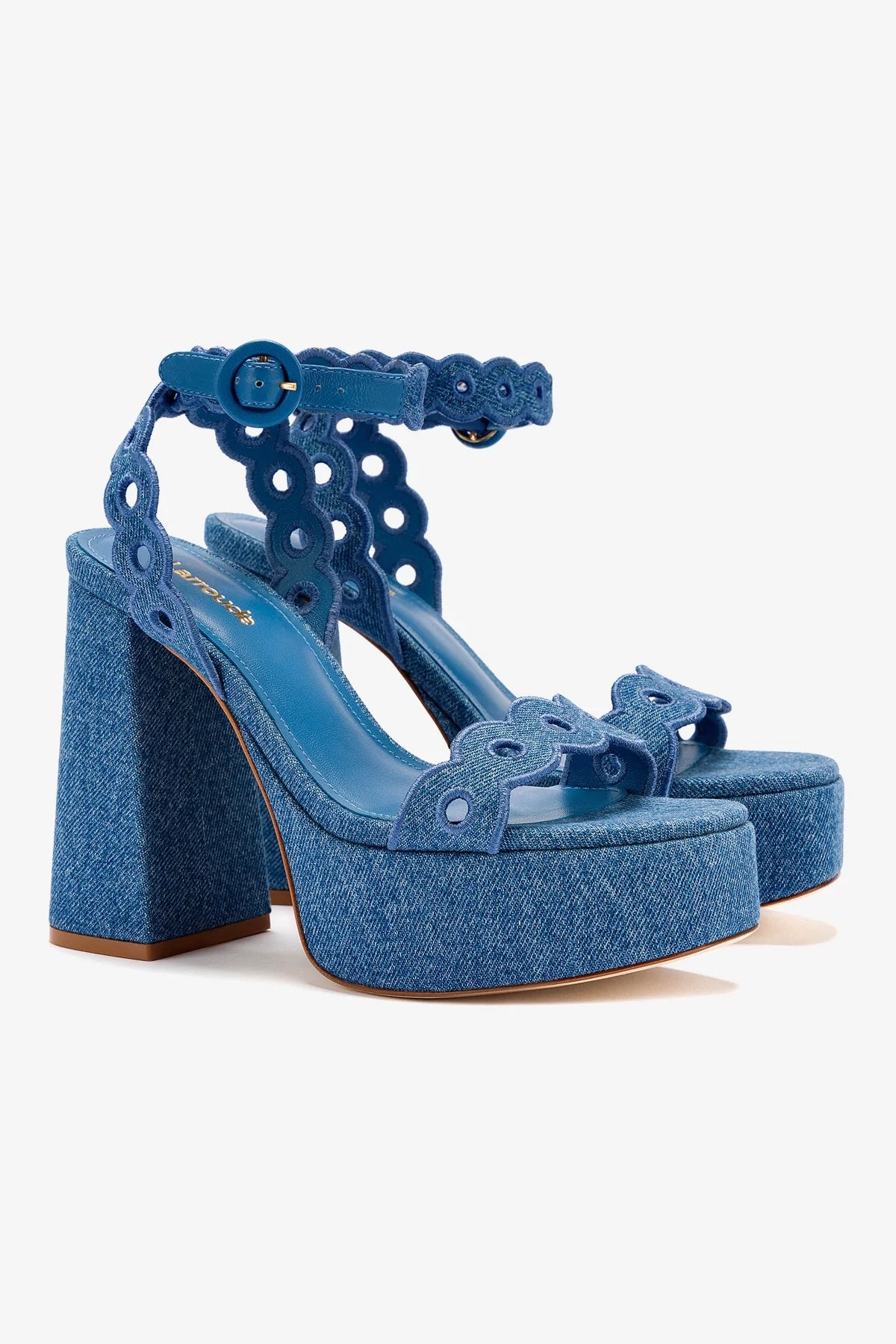 Dolly Broderie Sandal In Blue Stoned Denim | Larroude
