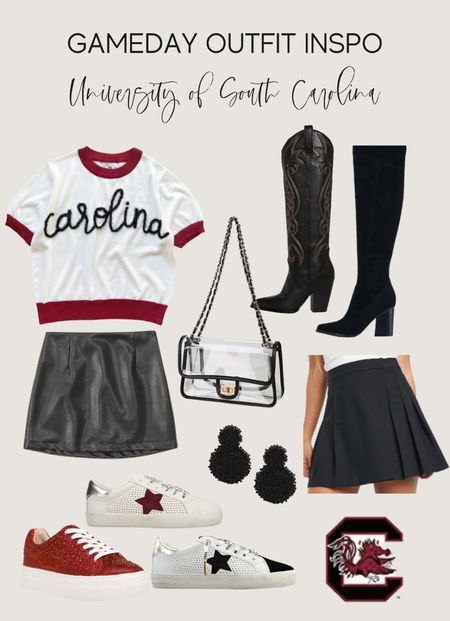 College Football. Gamday Attire. South Carolina Gamecocks. Gameday Outfit. University of South Carolina Gamecocks. Garnet and Black. Gameday outfit inspiration. Tailgate Outfit. Black over the knee boot. Black cowgirl
Boots. Black cheerleader skirt. Red sparkly shoes. Clear bag. Black leather skirt. Golden goose dupe sneakers.

#LTKunder100 #LTKU #LTKunder50