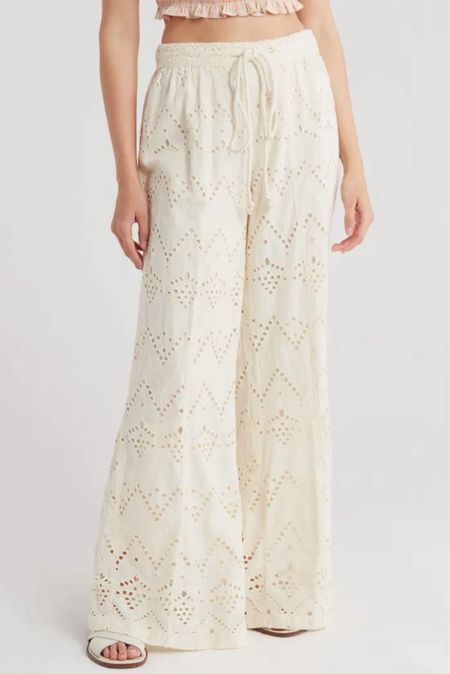 Free people 
Emma Embroidered Eyelet Cotton Wide Leg Pants..
I got a medium because they ran out of size small in store in my location so I grabbed a medium. They fit me loosely and a bit too long for me, but I made it works. 
Was $148.00
Current Price $64.97
(56% off)

#LTKsalealert #LTKfindsunder100