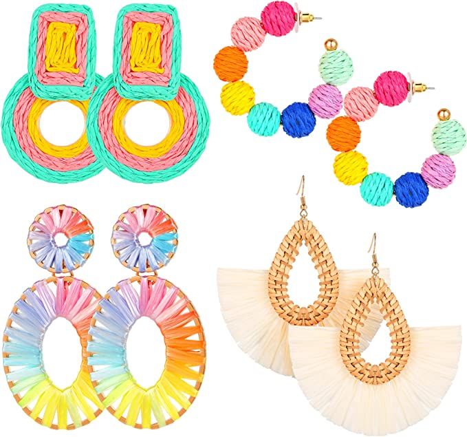 KRORZTOT Statement Raffia Earrings for Women Bulk Rattan Earrings Set Beaded Hoop Earrings Handma... | Amazon (US)