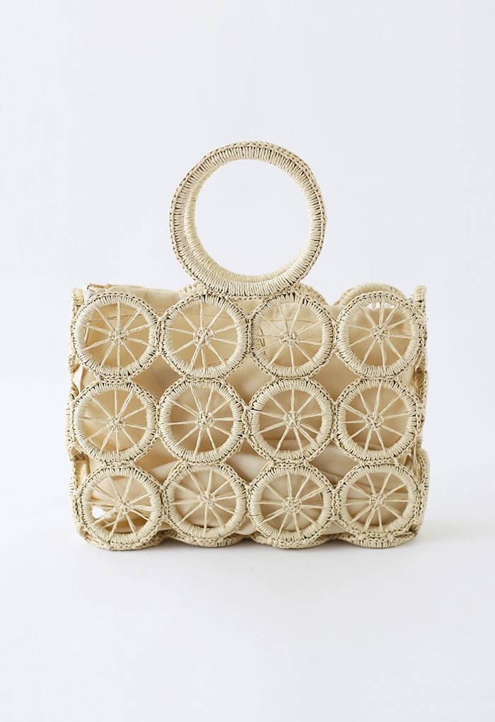 Wheel Shaped Woven Straw Handbag in Cream | Chicwish