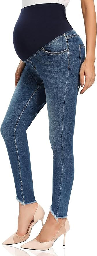 Foucome Women's Maternity Jeans Over The Belly Comfy Stretch Slim Jeggings Pregnancy Pants with P... | Amazon (US)