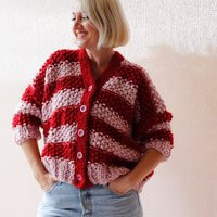 Chunky Sweater/Knit Cardigan Handmade Hand Knitted Red Pink Striped Gift For Her | Etsy (US)