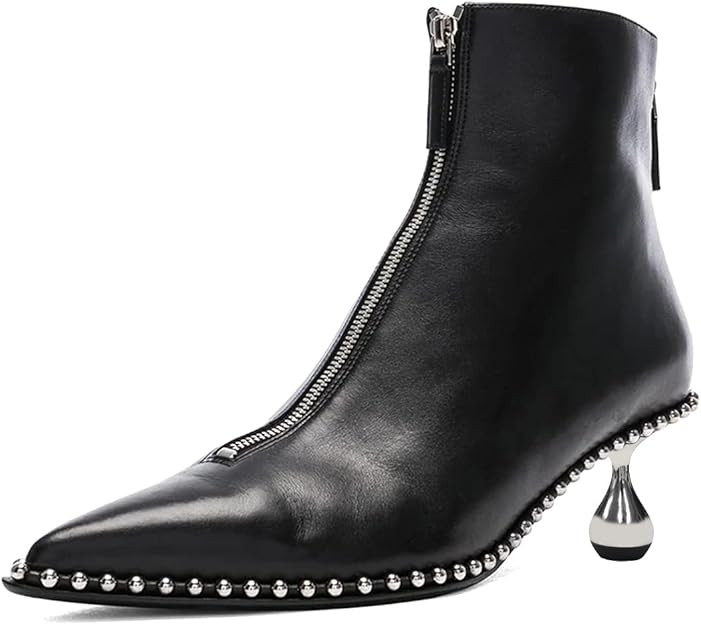 XYD Women Fashion Metal Low Heel Ankle Boots with Studs Two Zippers Closed Pointed Toe Event Part... | Amazon (US)