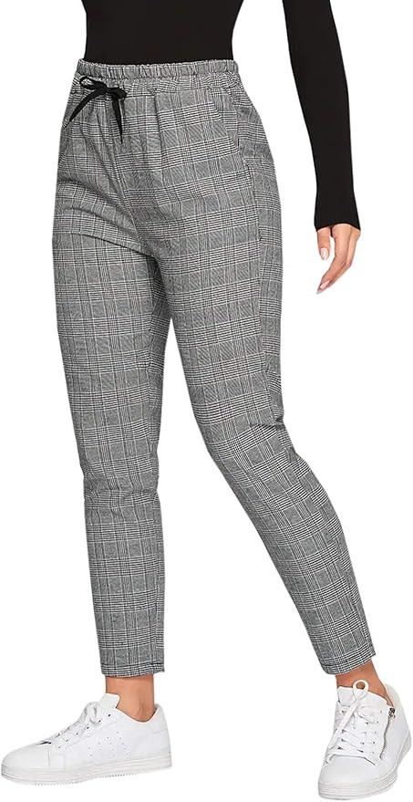 SweatyRocks Women's Tie High Waist Striped Plaid Casual Long Pants with Pockets | Amazon (US)