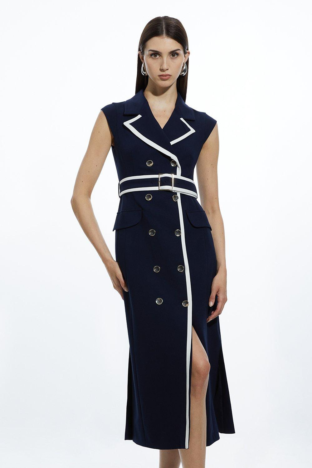 Compact Stretch Double Breasted Belted Tipped Tailored Midi Dress | Karen Millen UK + IE + DE + NL
