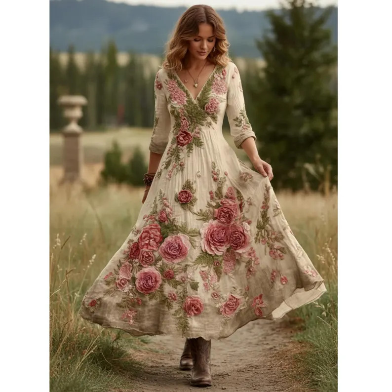 3D Floral Applique Maxi Dress, Vintage Rose Print V-Neck Gown, Romantic Garden Party Dress, Boho ... | Etsy (US)