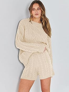 ANRABESS Women 2 Piece Outfits Sweater Lounge Loungewear Sets 2025 Winter Cable Knit Oversized Sw... | Amazon (US)