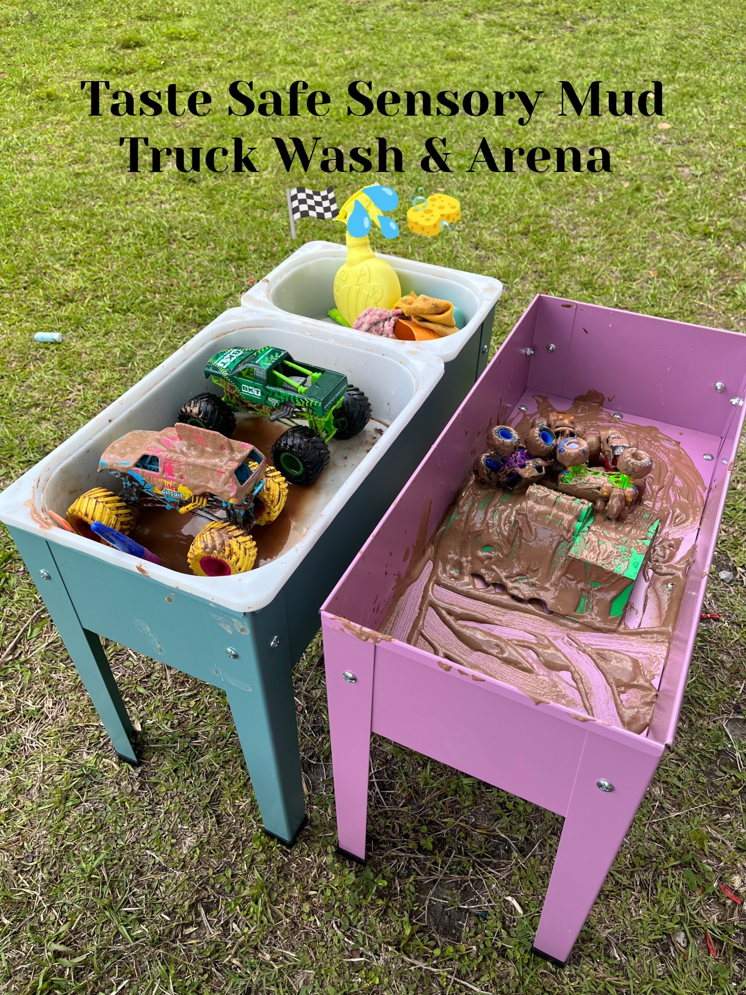 Our sensory setup with the Aldi metal planters for a monster truck car wash and taste safe “mud” truck arena! 

#LTKKids #LTKdayinmylife #LTKmomlife