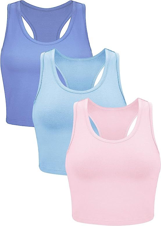 3 Pieces Women Basic Sleeveless Racerback Crop Tank Top Short Sports Crop Top | Amazon (US)