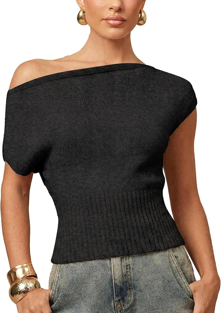 Hixiaohe Off The Shoulder Tops for Women Casual Ribbed Knitted Cap Sleeve Slim Fit Shirts Sexy As... | Amazon (US)