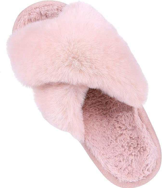Women's Soft Plush Lightweight House Slippers Non Slip Cross Band Slip on Open Toe Cozy Indoor Ou... | Amazon (US)
