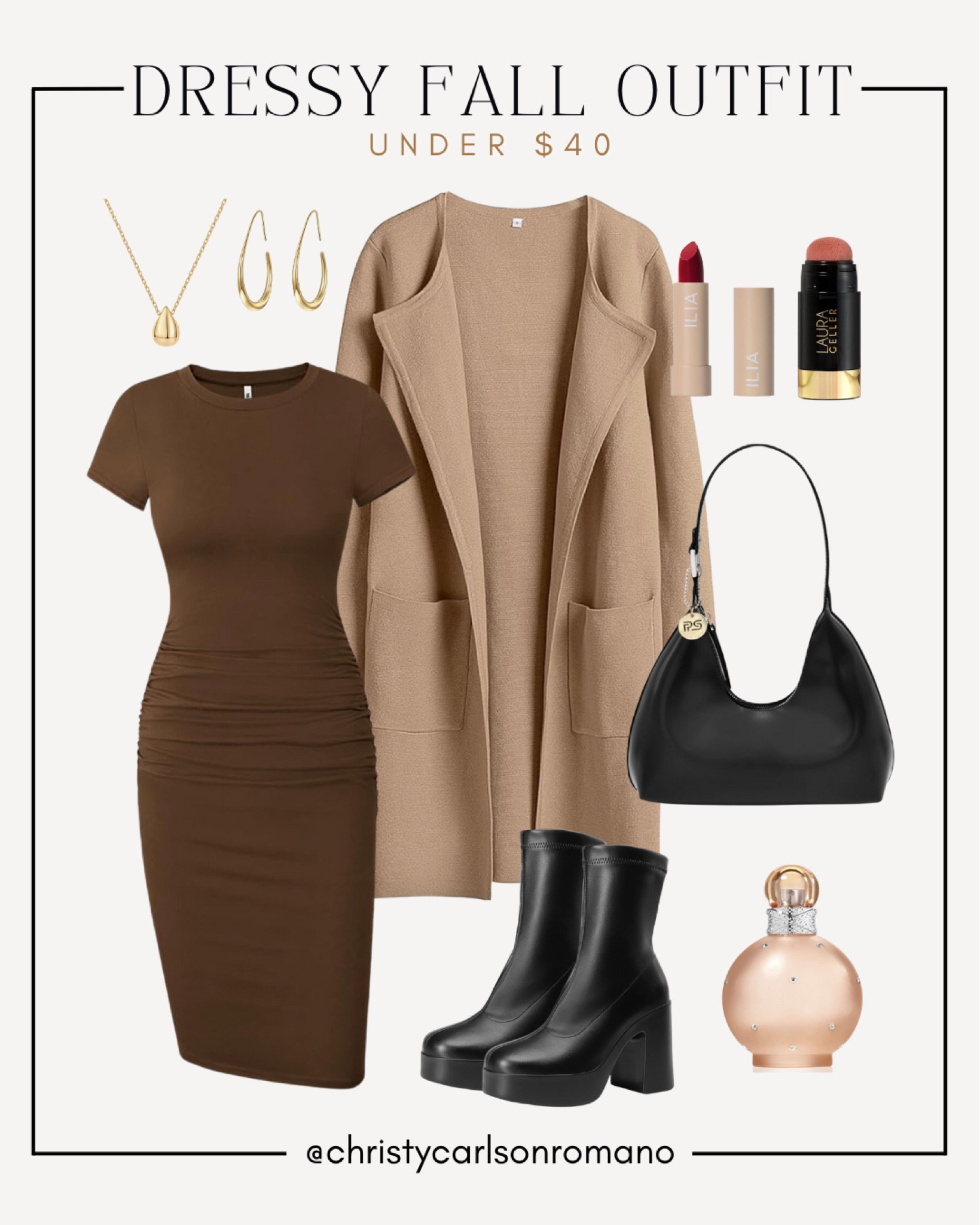 I am loving this stunning dressy look! The brown bodycon dress is a must-have for any stylish wardrobe. Layer it with a cozy long cardigan and add some attitude with chunky black boots. Complete the look with a sleek handbag, statement earrings, and a bold red lip. 
#amazonfashion #neutralstyle #errandsday #outfitinspo

#LTKItBag #LTKStyleTip #LTKSeasonal