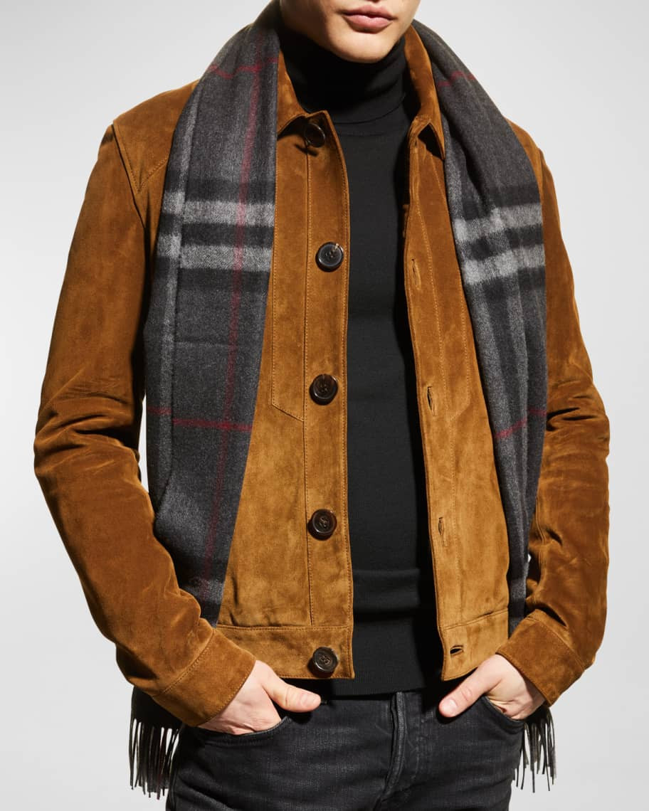 Men's Classic Check Cashmere Fringe Scarf | Neiman Marcus