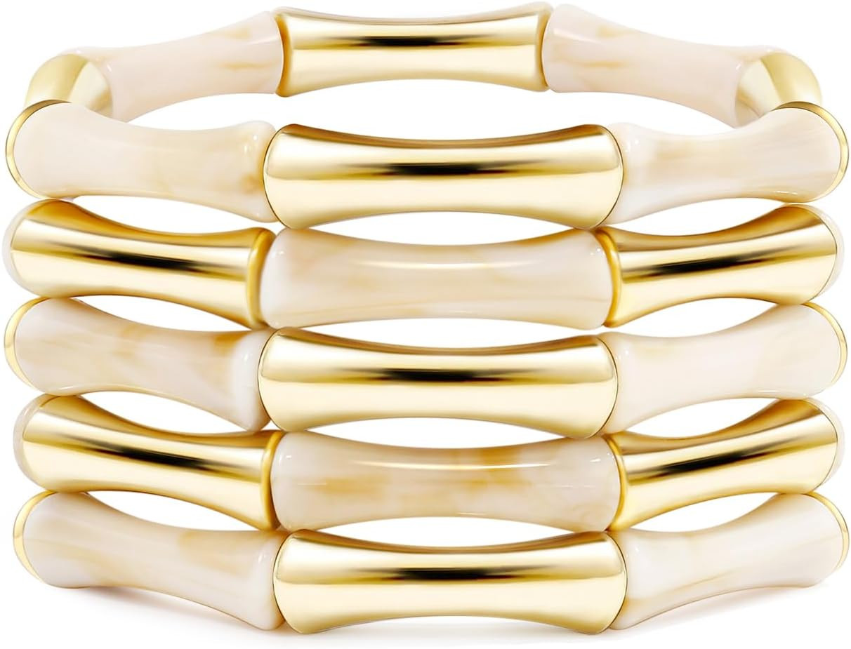 Gold Tube Bangle Bracelets for Women Stackable Bamboo Chunky Acrylic Beads Stretch Friendship Summer Beach Bracelet Jewelry | Amazon (US)