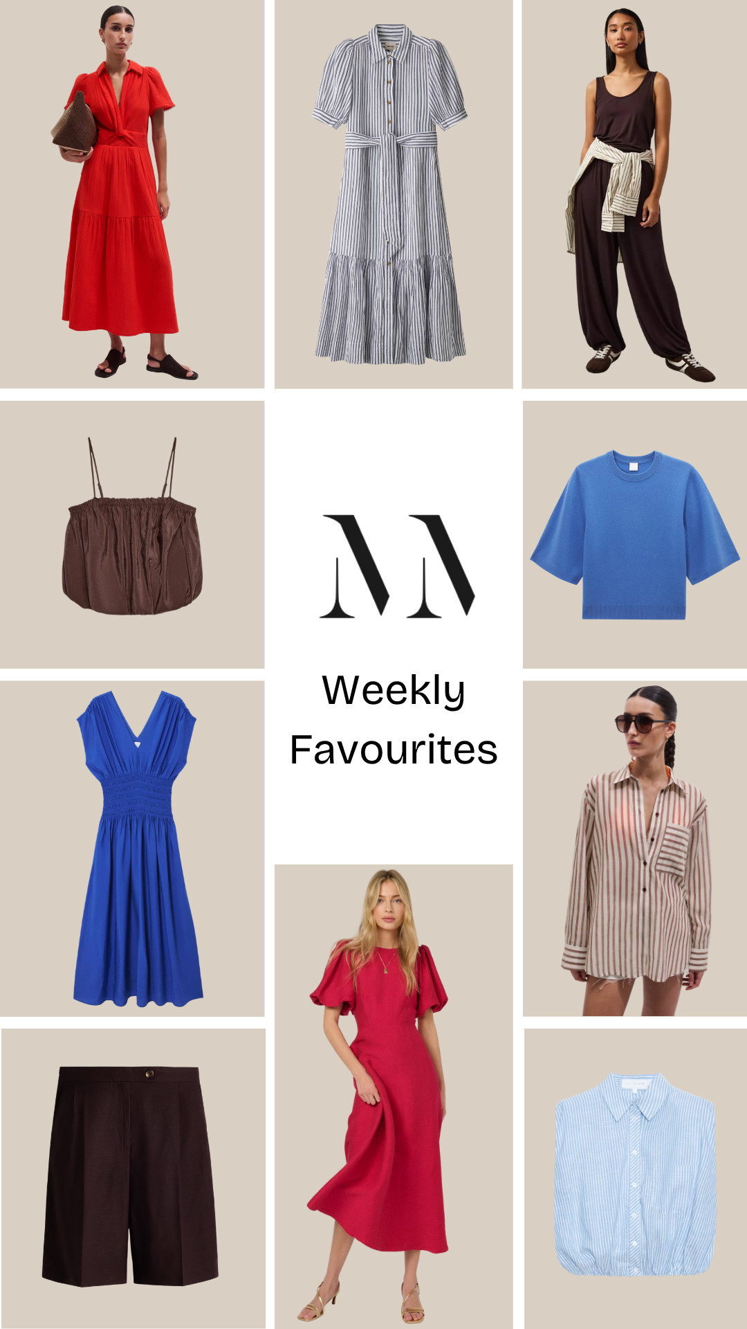 The Weekly Faves Edit 

red midi dress, poppy red dress, tie waist dress, tiered maxi dress, striped shirt dress, blue stripe dress, belted midi dress, chocolate brown jumpsuit, sleeveless jumpsuit, relaxed fit jumpsuit, brown cami top, gathered cami, cobalt blue knit top, short sleeve knit, cobalt blue dress, ruched waist dress, striped oversized shirt, pink stripe shirt, brown tailored shorts, capsule wardrobe, neutral wardrobe, summer wardrobe, elevated basics 

 #LTKsummer #LTKeurope #LTKdresses