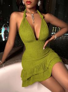 SHEIN VaVaLuxe Elegant And Fashionable Texture V-Neck Ruffle Hem Halter Dress With Random Pattern... | SHEIN