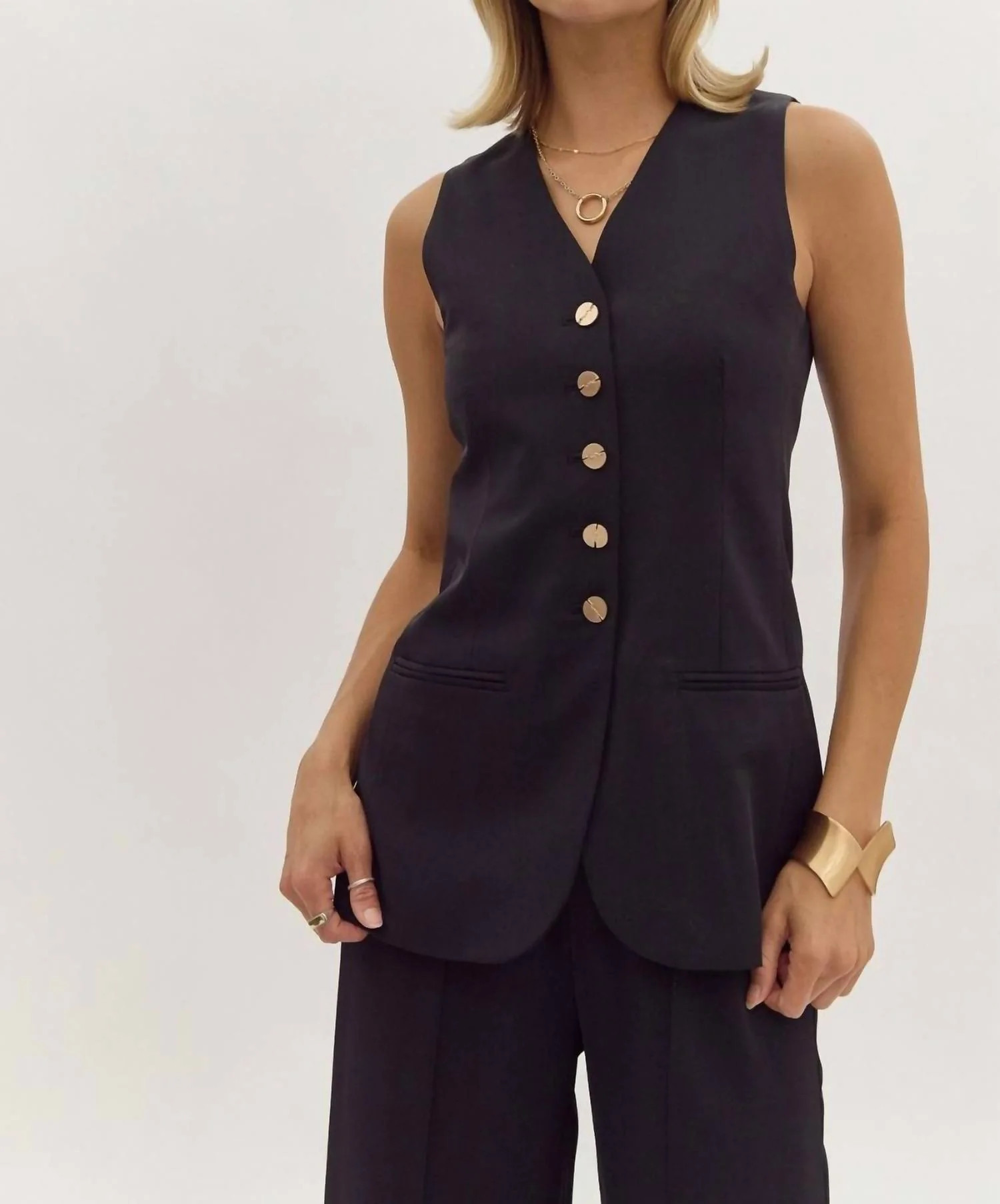 Button Up Vest In Black | Shop Simon