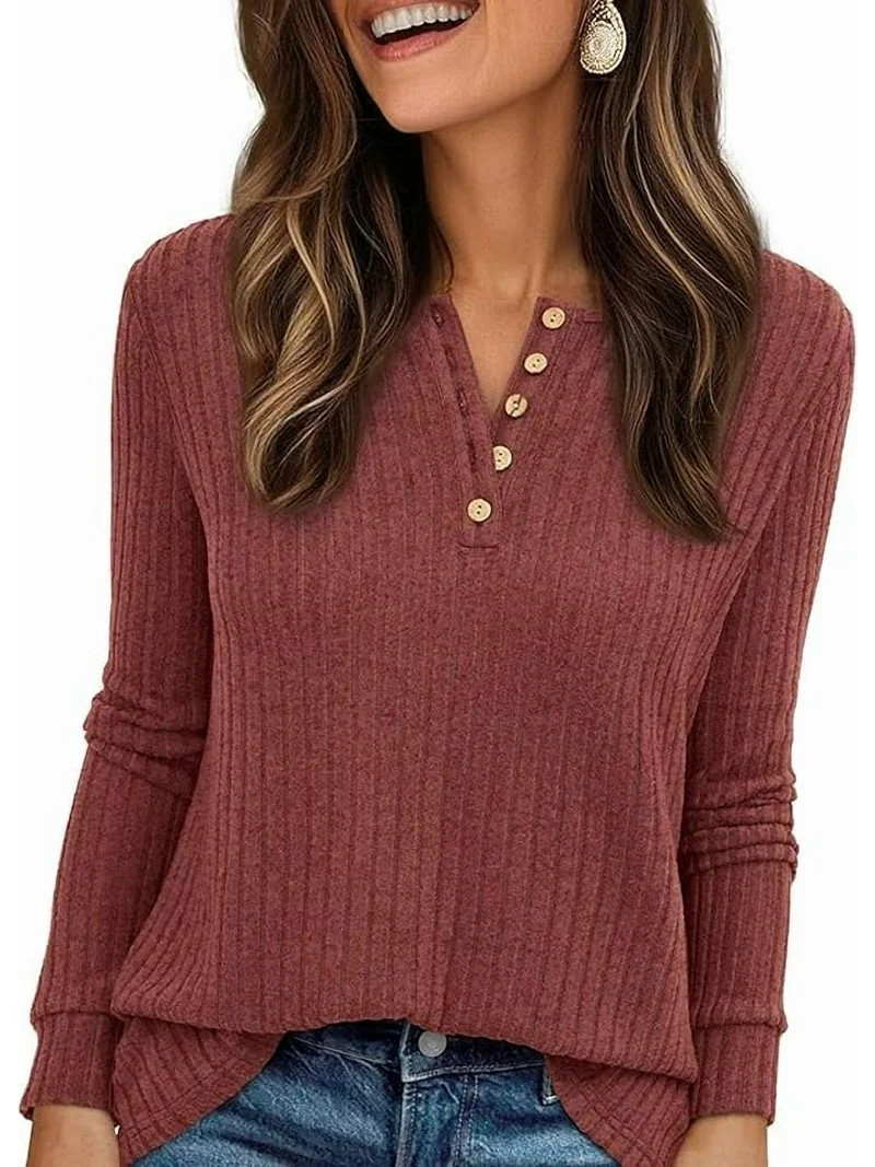 PRETTYGARDEN Women's Long Sleeve Henley Shirts Fall Casual Ribbed Tunic Tops Lightweight Sweaters... | Walmart (US)