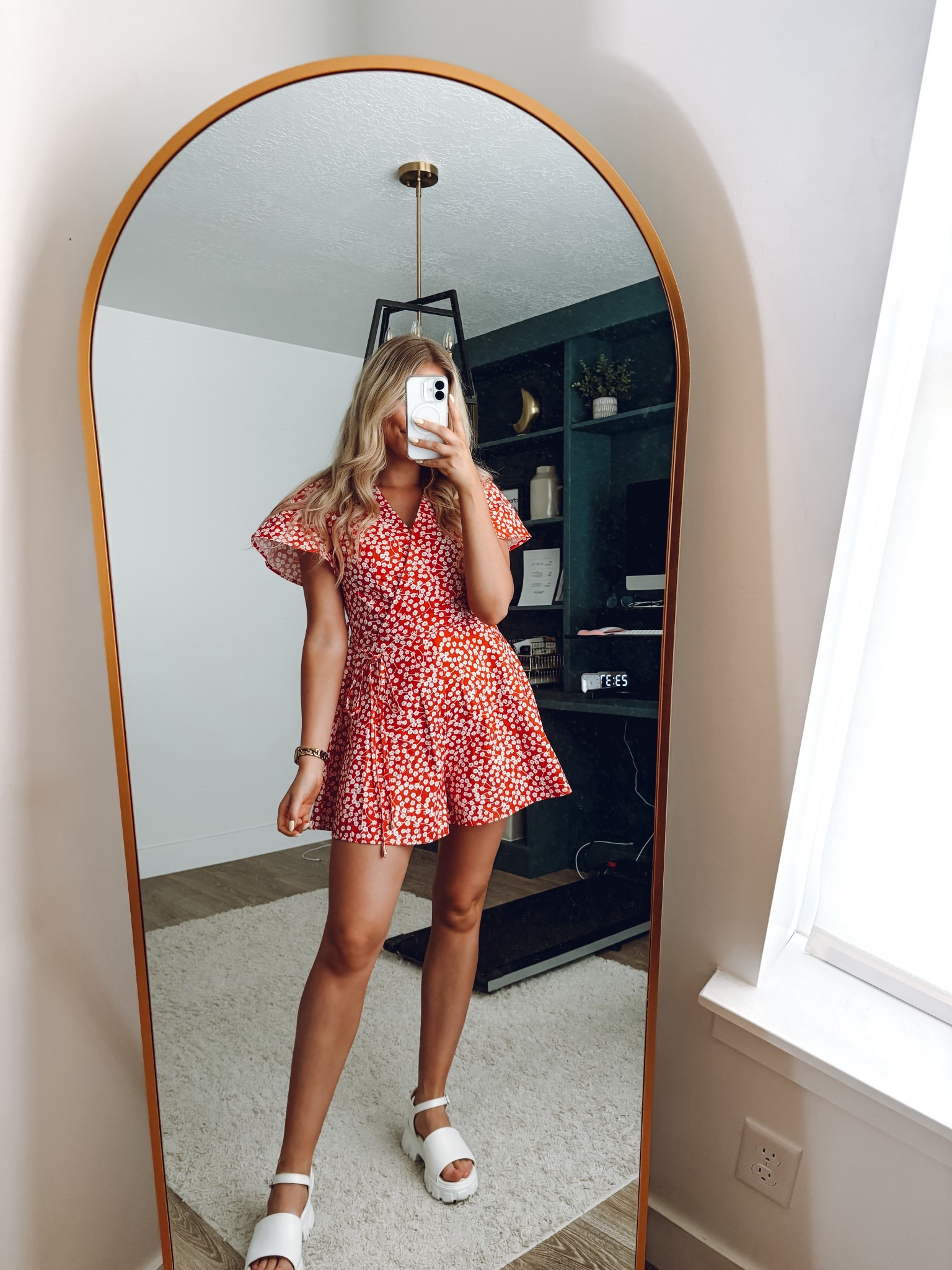 red romper: true to size
Sandals: true to size 

Also linked similar! 