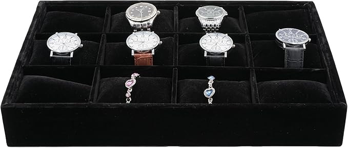 Jewelry Watch Tray, Black Velvet Watch Jewelry Organizer 12 Grid, Stackable Watch Bracelet Bangle... | Amazon (US)