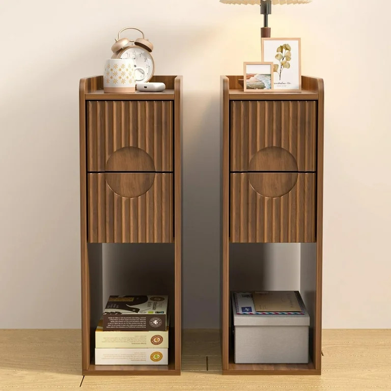 Fsbecl 2 Wood Drawer Narrow Nightstand Set, End Tables Set of two, Walnut | Walmart (US)