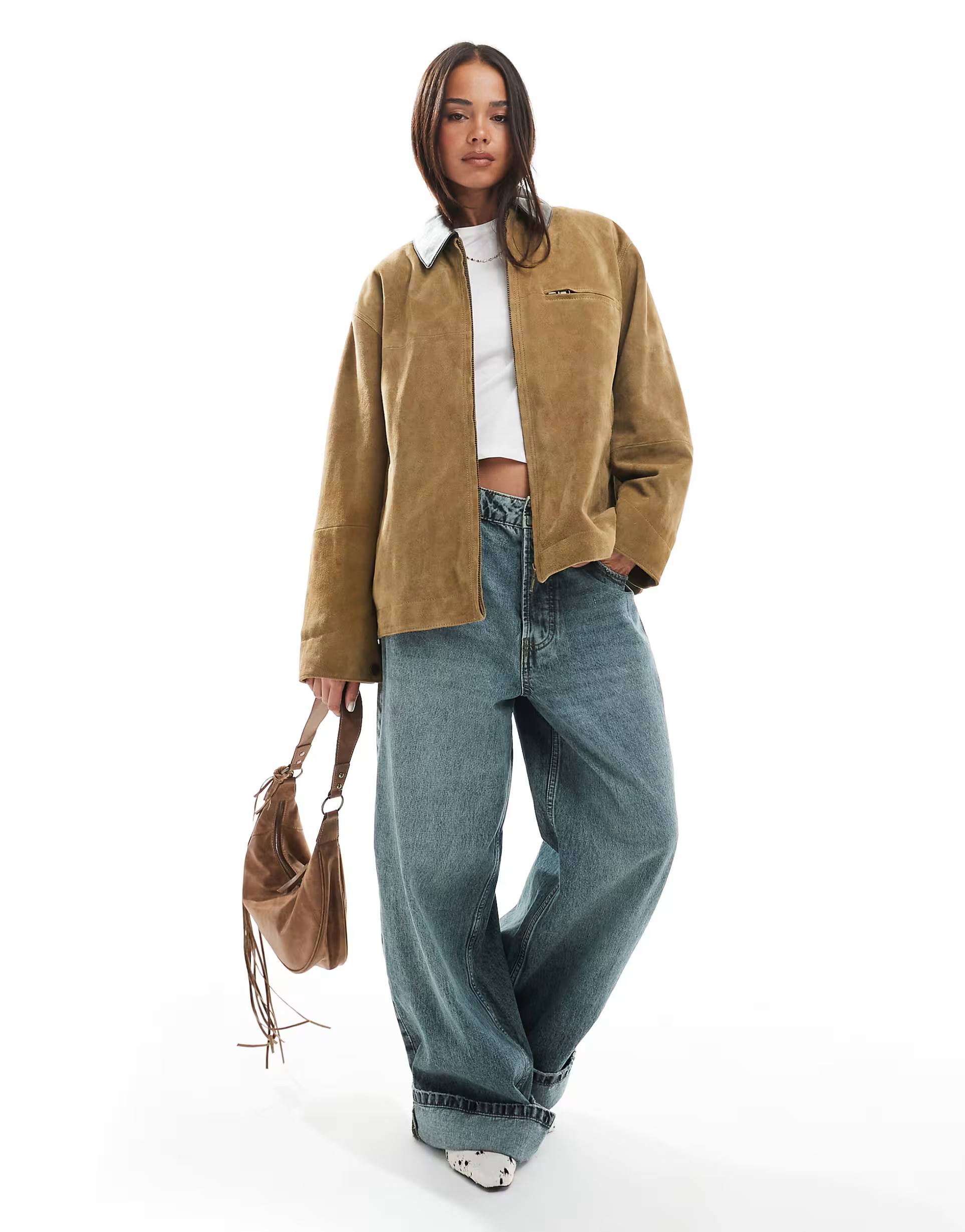 ASOS DESIGN real suede car coat with leather collar in tan | ASOS | ASOS (Global)