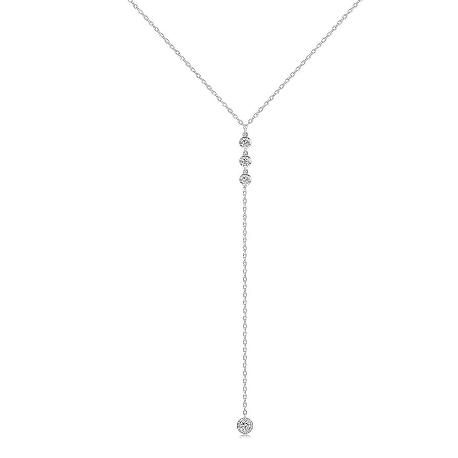 Handmade Sterling Silver Lariat Necklace, Simulated Diamond Dainty Drop Y Chain Necklace for Wome... | Amazon (US)