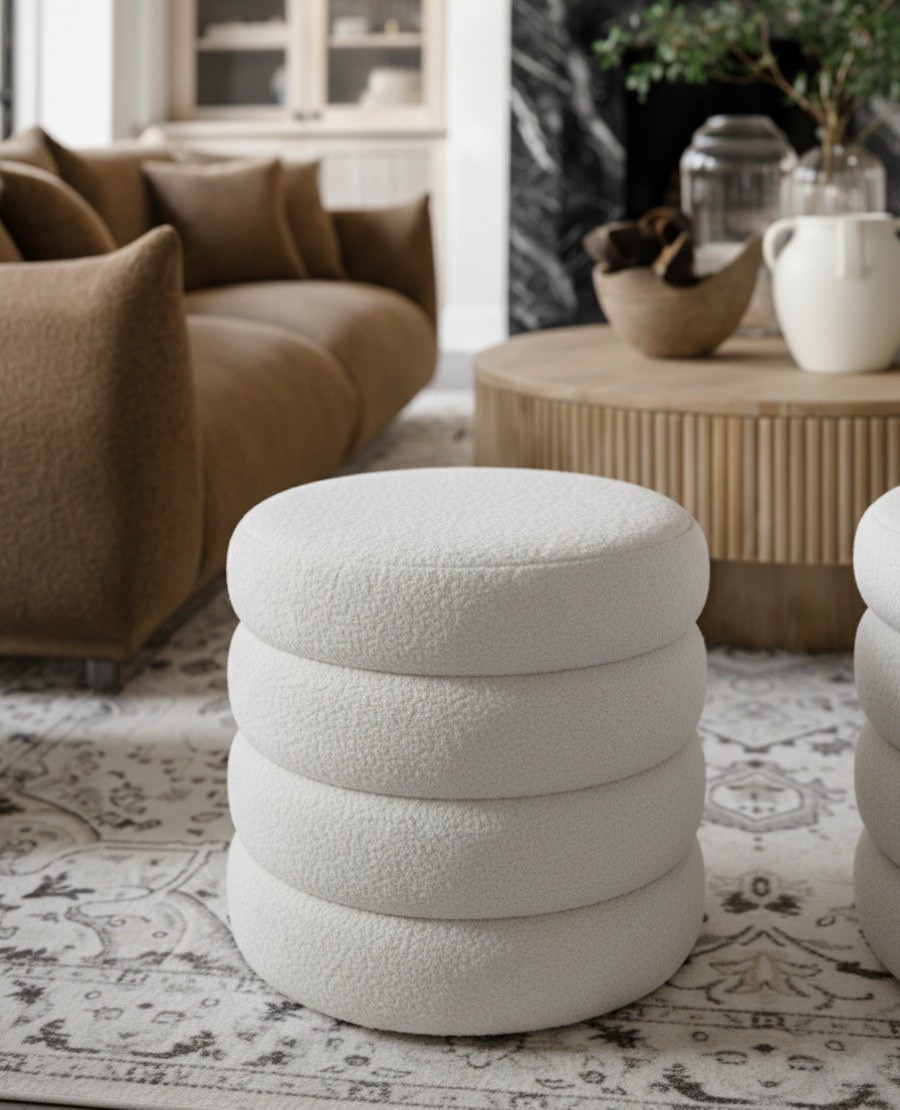 Texture meets tone in this cozy corner. The layered boucle ottomans bring soft structure to the room, balancing beautifully against the camel sofa and ribbed wood coffee table. Every element, from the patterned rug to the neutral ceramics, creates a look that’s refined yet relaxed, proving that comfort and style can coexist effortlessly.

 Shop the look:
White boucle ottomans | Camel sofa | Ribbed wood coffee table | Patterned neutral rug | Ceramic vases | Modern living room decor 


#LTKHome #LTKSaleAlert