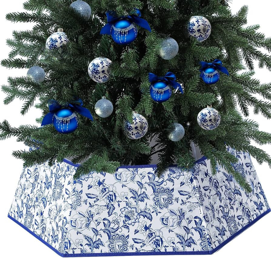 Poen 31.5" Blue White Chinoiserie Christmas Tree Collar Hexagon Fabric | Amazon (US)