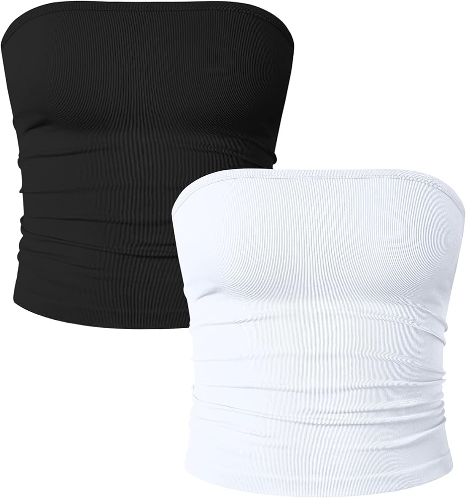OQQ Womens 2 Piece Tube Tops Strapless Basic Sleeveless Stretch Classic-Fit Shirts Sexy Crop Tops | Amazon (US)