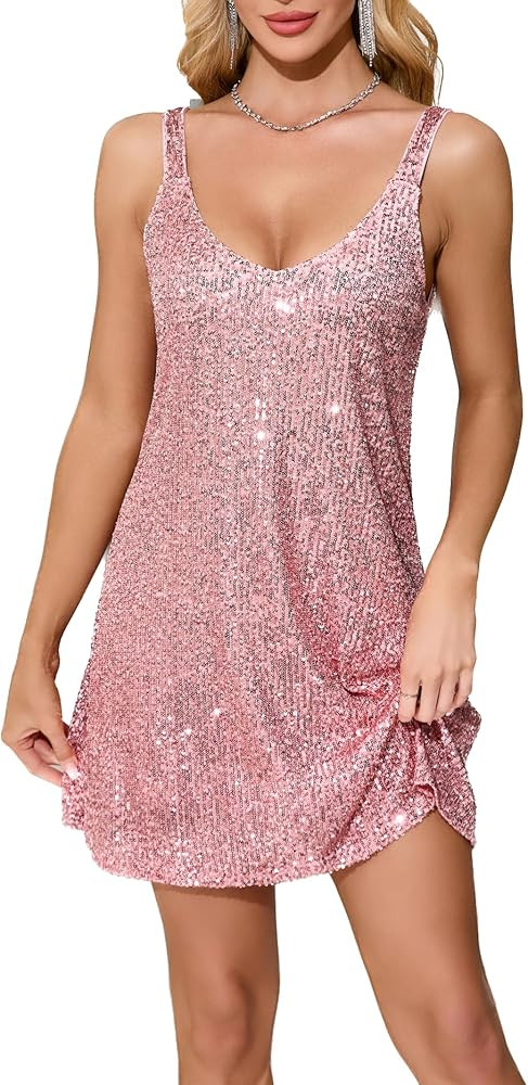 Women's Glitter Sequin Dress Spaghetti Strap V Neck Party Cocktail Sparkly Mini Dress Clubwear | Amazon (US)