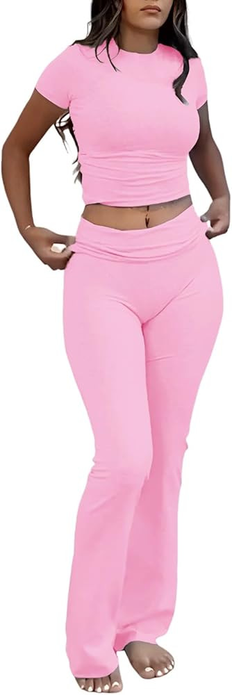 Women's 2 Piece Lounge Outfits Slim Short Sleeve Tops Low Rise Flare Leggings Sets Yoga Sweatsuit | Amazon (US)