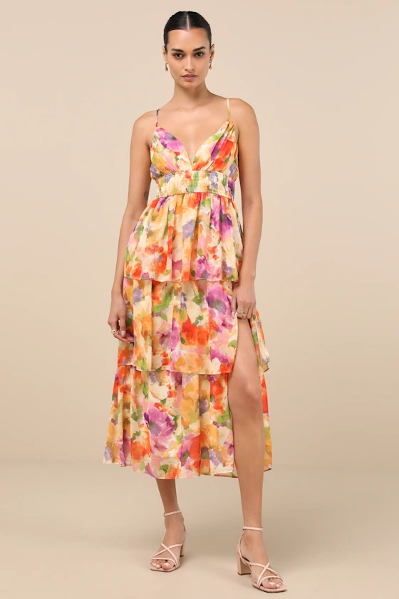 Olesia Yellow Multi Abstract Floral Tiered Midi Dress | Lulus