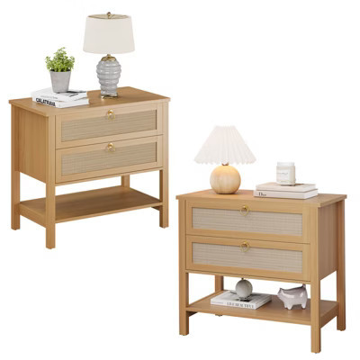 Rattan nightstand, modern style bedside table with 2 drawers, with open storage shelf, suitable for bedroom living room, cherry wood, 2 sets | Target