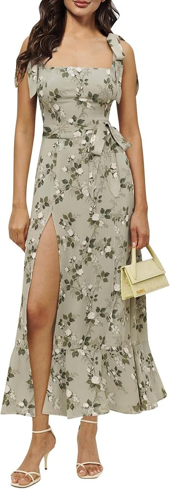 IDOPIP Women Summer Boho Square Neck Side Split Dress Elegant Spaghetti Strap Floral Maxi Dress C... | Amazon (US)