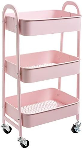 AGTEK Makeup Cart, Movable Rolling Organizer Cart, 3 Tier Metal Utility Cart, Pink | Amazon (US)
