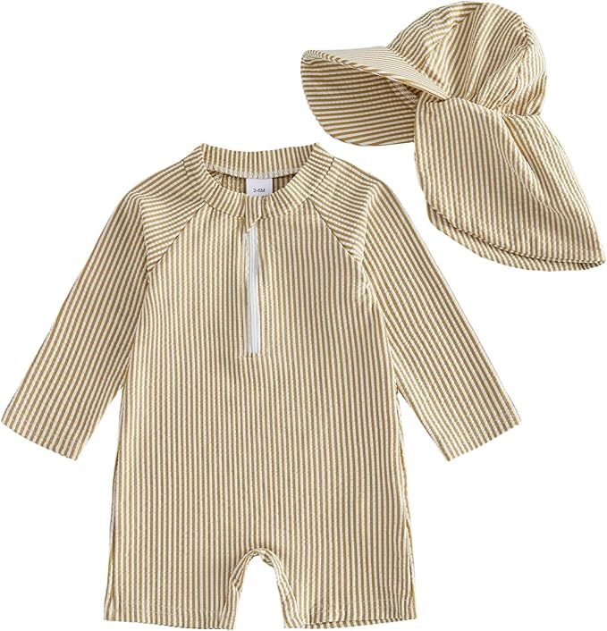 Baby Boys Girls Swimsuit One Piece Striped Zipper Bathing Suit Rash Guard Long Sleeve Seersucker ... | Amazon (US)
